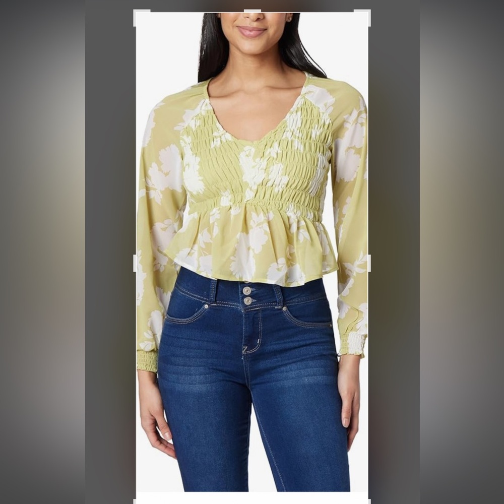 Chiffon Floral Green Blouse Shirt Top Med Smocked Long Sleeve Boho Feminine
